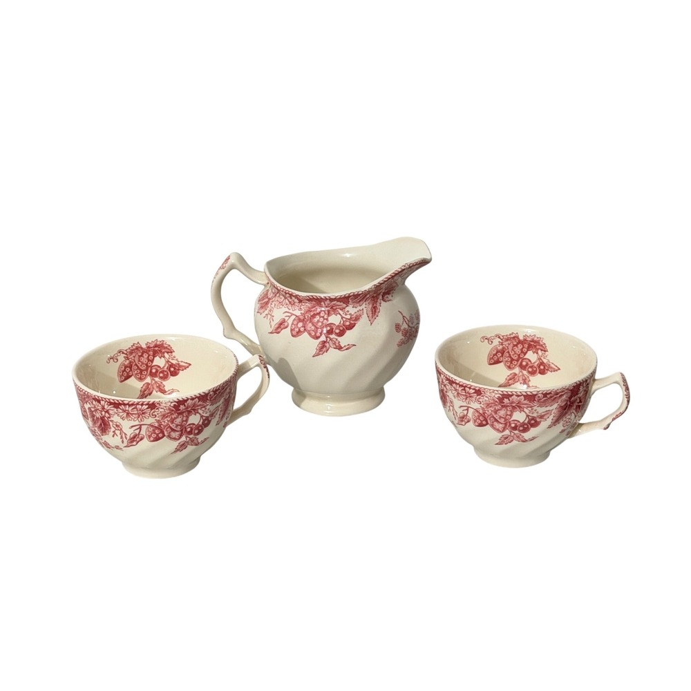 Johnson Brothers Creamer and Teacups Set Pink Strawberry Fair English Ironstone‎